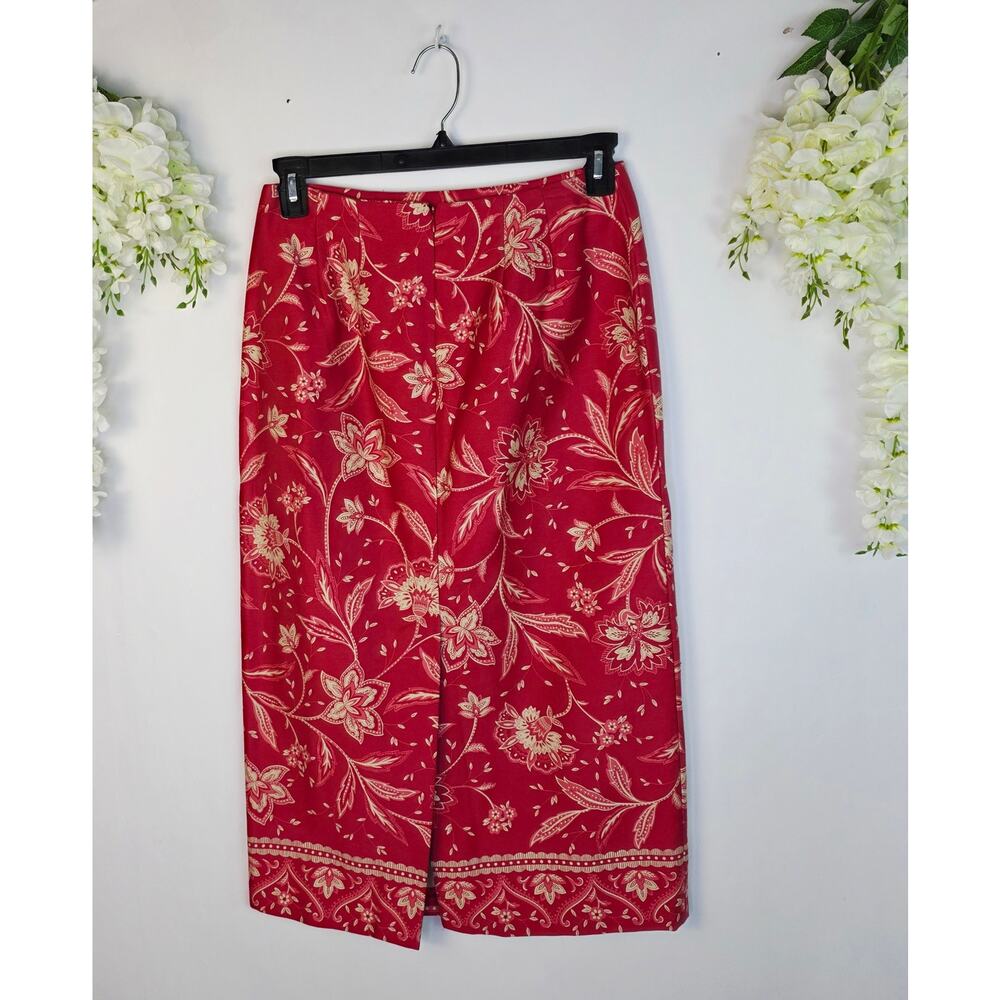 Talbots Petites Skirt 10 Berry Red Floral Midi Cotton Zip Boho Cottage Classic - Picture 3 of 14